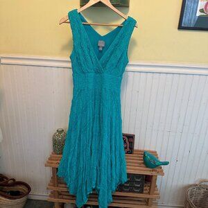 Rabbit Rabbit Vintage Sleeveless Teal Crinkle Textured V-Neck Dress 90s Y2K